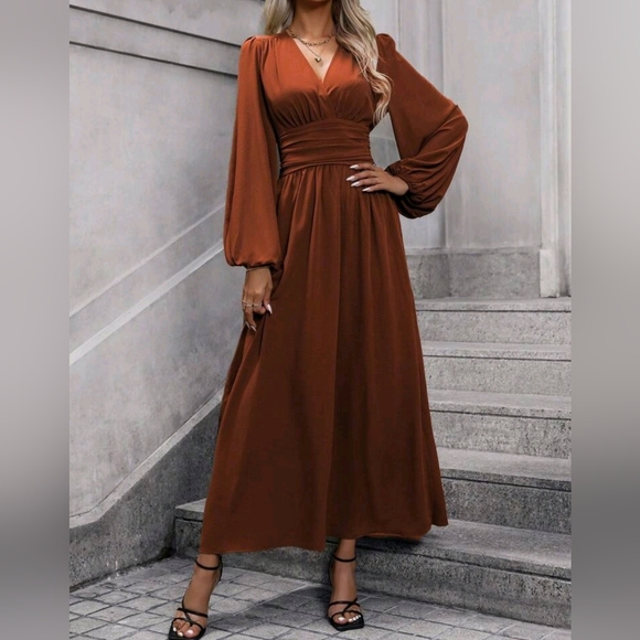 NEW Chic Ruched Waist Lantern Sleeve Maxi Dress Rusty Brown Orange Rust - Picture 3 of 8